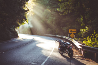 Motorcycle forest road sign night - anamorphic free wallpaper