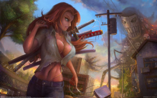 Woman bloodied knife giantess city - a bloody knife free wallpaper