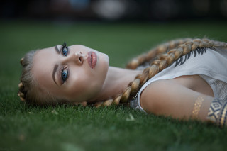 Girl braids lying grass dandelion - young free wallpaper