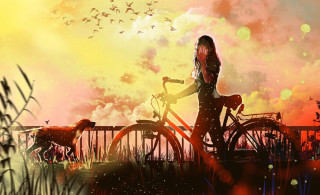 Woman bike dog bridge sunset - a woman riding free wallpaper