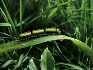 Toy train leaf grass water - photorealistic imagery free wallpaper