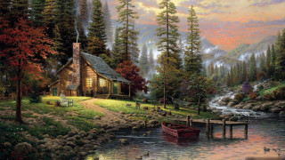Cabin river boat ducks autumn - edward lamson henry free wallpaper