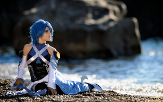 Blue haired woman beach cosplay - elena guro free wallpaper