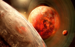 Red planet with moons space - two smaller planet free wallpaper