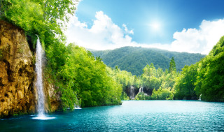 Waterfall lake trees mountains blue 3 - avgust černigoj free wallpaper for desktop