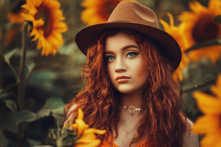 Red hair sunflower field portrait - elinor proby adams free wallpaper for desktop