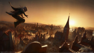 City sunset bird architecture cedric - a painting of a city free wallpaper