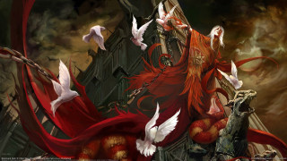 Red haired woman white birds - spooky free wallpaper