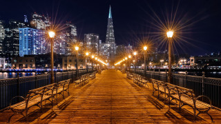 Wooden walkway city lights bridge - a wooden walkway free wallpaper