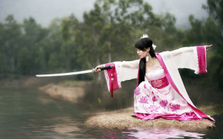 Woman kimono sword water forest - a woman in a kimono holding free wallpaper for desktop