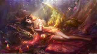 Woman red dress bed dragon - fantasy artwork free wallpaper