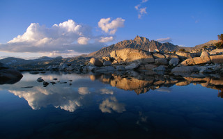 Mountain lake rocks clouds reflection - rock and boulders free wallpaper
