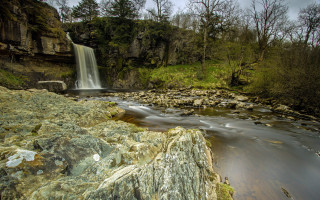 Waterfall tiltshift nature rocks trees - free landscape wallpaper