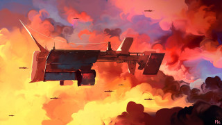 Plane cloudy sky dusk fantasy - a painting of a plane free wallpaper