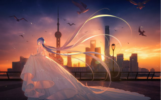 Woman white dress sunset city 2 - chen chun free wallpaper for desktop