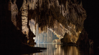 Cave lake boat night lights - sense of depth free wallpaper for desktop