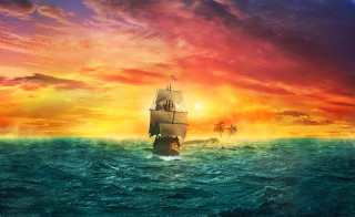 Sunset ocean ship mountain fire - a painting of a ship in the ocean free wallpaper