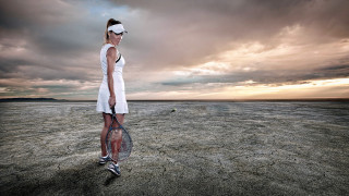 Woman white dress tennis racket 2 - a tennis racket free wallpaper