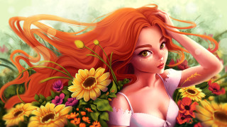 Woman red hair flower field - a field of sunflowers free wallpaper