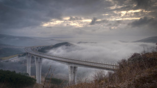 Bridge river mountain foggy sky - a bridge over a river free wallpaper