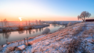 River bridge sunset winter forest - field next free wallpaper