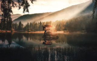 Lake tower forest sunset matte - filip hodas free wallpaper for desktop