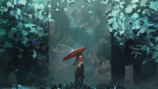 Woman umbrella forest rain scene - cushart krenz free wallpaper