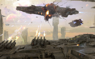 Futuristic fighter jet city smoke - over a city free wallpaper for desktop