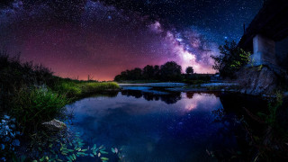 River reflection starry sky building - night sky free wallpaper