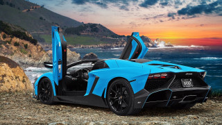 Blue sports car rocky beach 2 - the door open free wallpaper for desktop