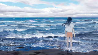 Woman beach ocean waves cloudy - atey ghailan free wallpaper for desktop