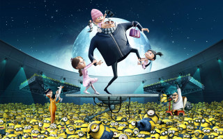 Cartoon man stage minions moon - free happy birthday wallpaper for desktop
