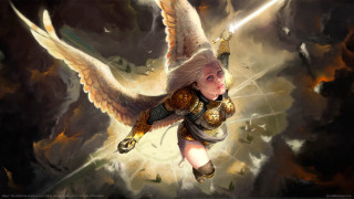 Woman angel sword flying wings - free fantasy wallpaper for desktop