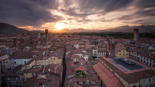City sunset mountains bridge buildings - florence engelbach free wallpaper for desktop