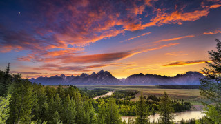 Sunset valley mountains river landscape - american romanticism free wallpaper for desktop