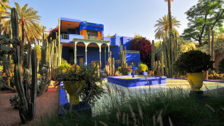 Blue house fountain cactus trees - a fountain free wallpaper for desktop