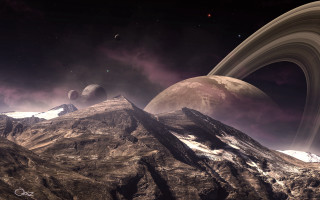 Space planet mountains city night - a distant star in the background free wallpaper