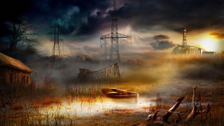 Swampy boat gothic cityscape sunset - a painting of a boat free wallpaper
