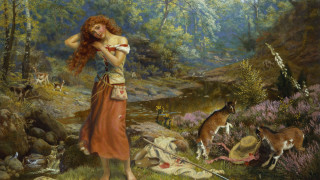 Woman red dress forest animals - pre free wallpaper