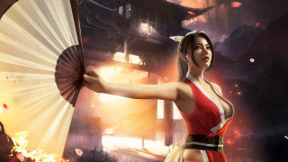 Woman red white dress fan - her hand and a building in the background free wallpaper