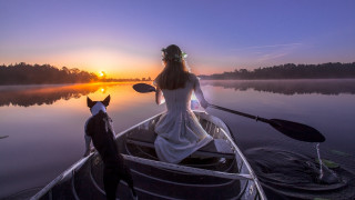 Woman boat dog dusk sunset - the side of the boat free wallpaper