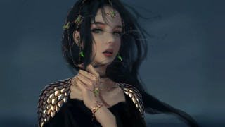 Woman black hair green eyes - a necklace and earrings free wallpaper