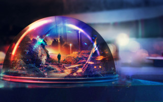 Glass dome man mountain rainbow - holography free wallpaper for desktop