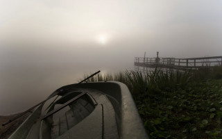 Foggy lake boat bridge ruins - the foggy day free wallpaper for desktop