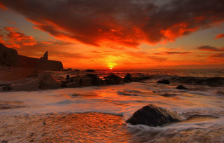 Sunset ocean waves rocks shore - the shore free wallpaper