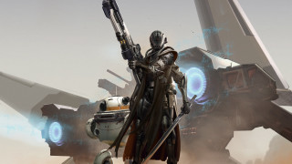 Sci fi fighter character holding 2 - a jet free wallpaper for desktop