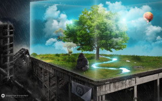 Tree river sky city cloud - a hot air balloon free wallpaper for desktop