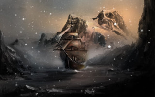 Ship snowy mountains fantasy aurora - cyril rolando free wallpaper
