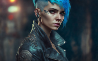 Blue hair cyberpunk jewelry jacket - free cyberpunk wallpaper
