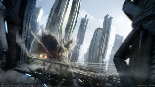 Futuristic city explosion matte cedric - a large building in the background free wallpaper for desktop